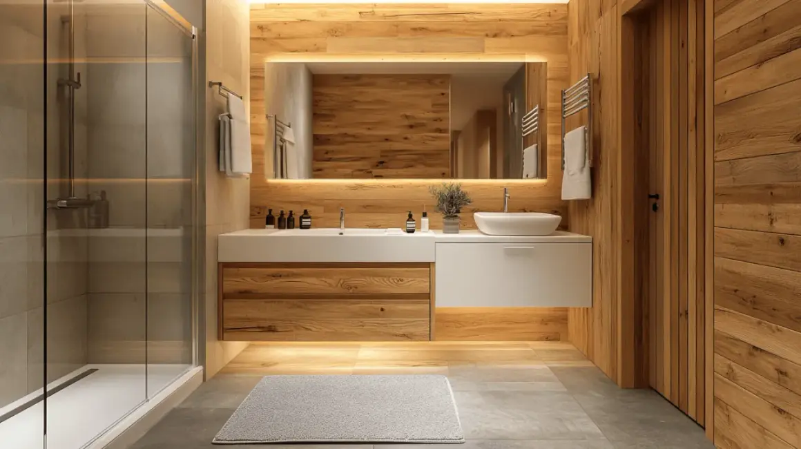 Une salle de bain blanc et bois chaleureuse, avec une douche moderne, un lavabo épuré et des accents en bois naturel.