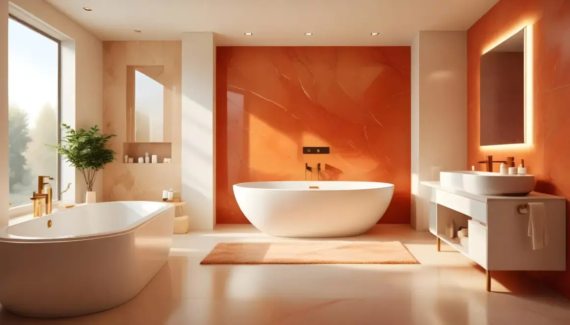 Élégante salle de bain terracotta et beige avec baignoire îlot, douche à l'italienne et lavabo sur meuble suspendu.