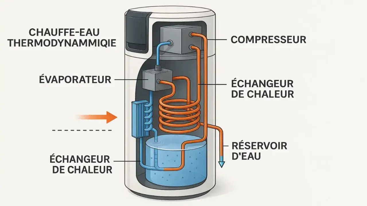 Sch&eacute;ma d'un chauffe-eau thermodynamique montrant le compresseur, l'&eacute;vaporateur et les &eacute;changeurs de chaleur.