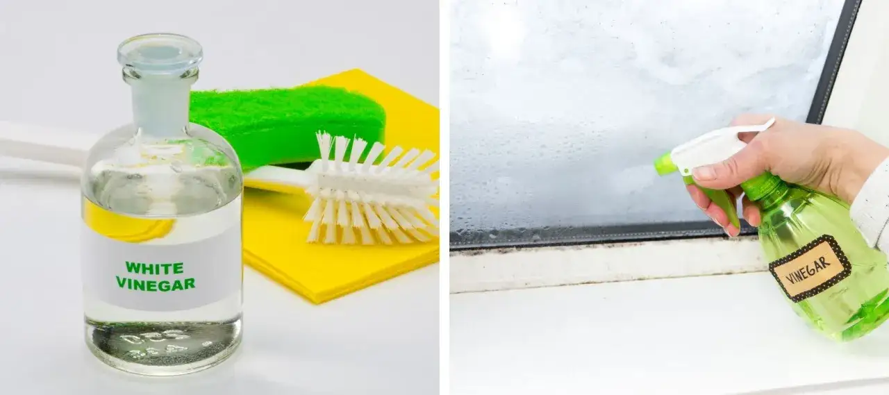 Nettoyer colle carrelage vinaigre blanc : une bouteille de vinaigre blanc et des accessoires de nettoyage, puis une main pulvérisant du vinaigre sur une fenêtre sale.