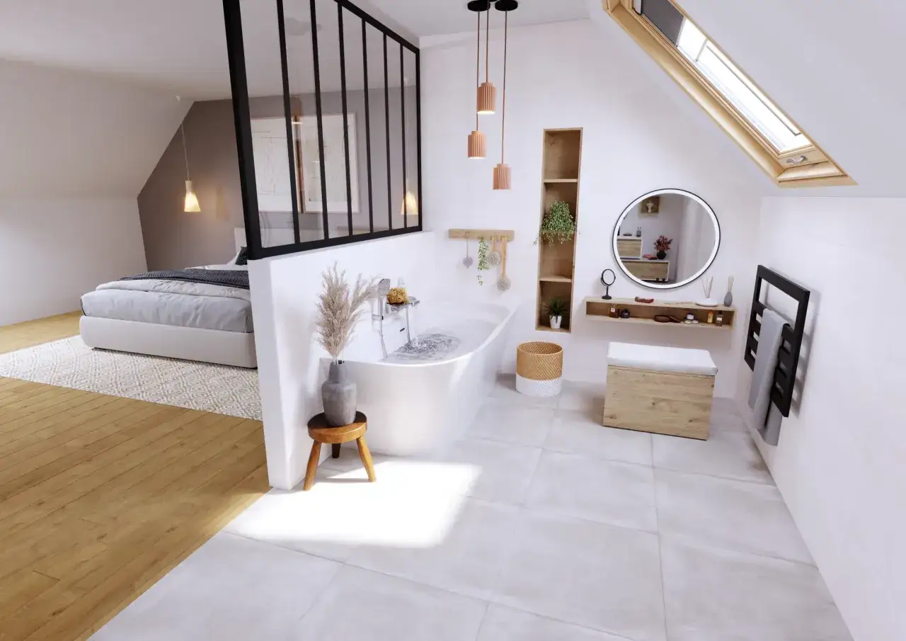 Une salle de bain wabi sabi épurée avec baignoire, plantes, et un coin chambre attenant. L'ambiance est zen et naturelle.