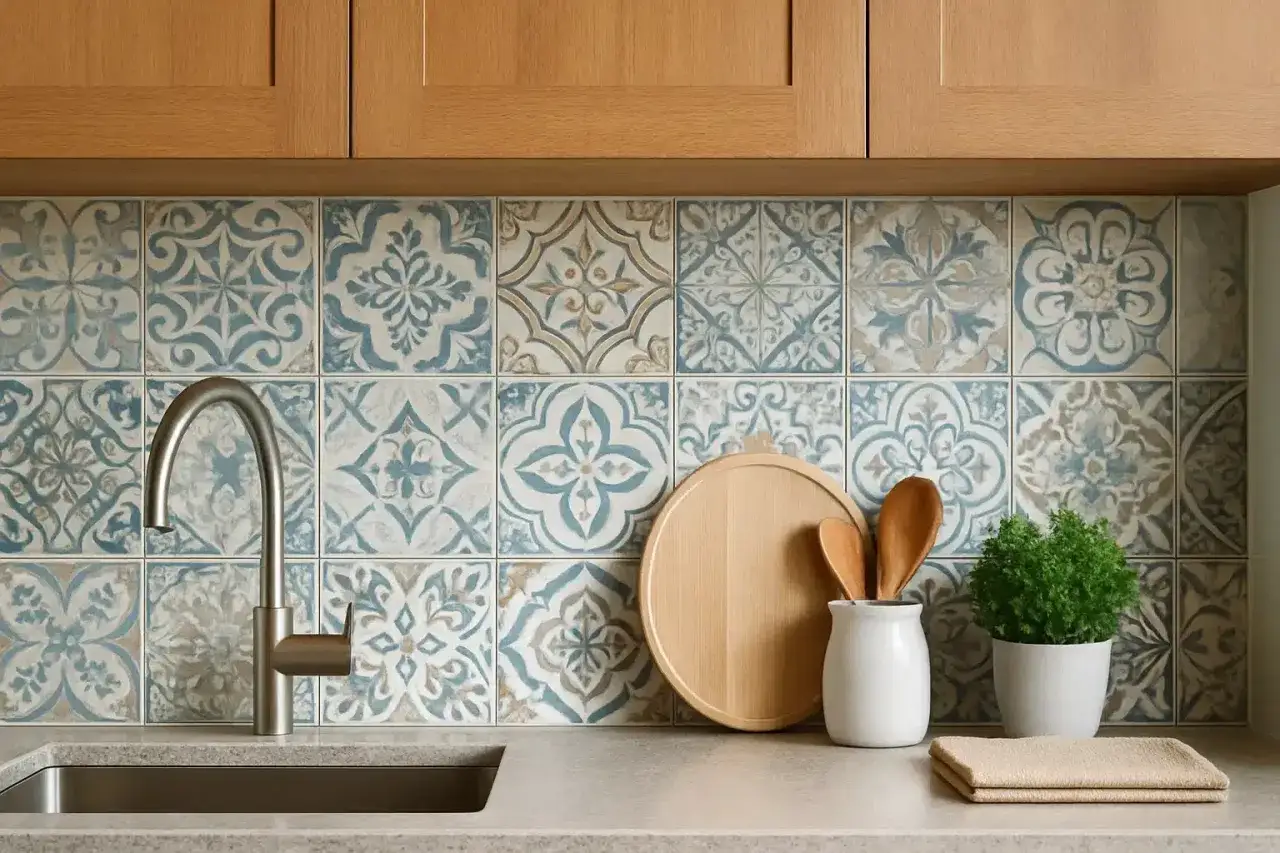 Un crédence de cuisine avec des carreaux aux motifs floraux bleus et beiges. Un robinet chromé, une planche à découper en bois, des ustensiles et une plante verte complètent la scène.