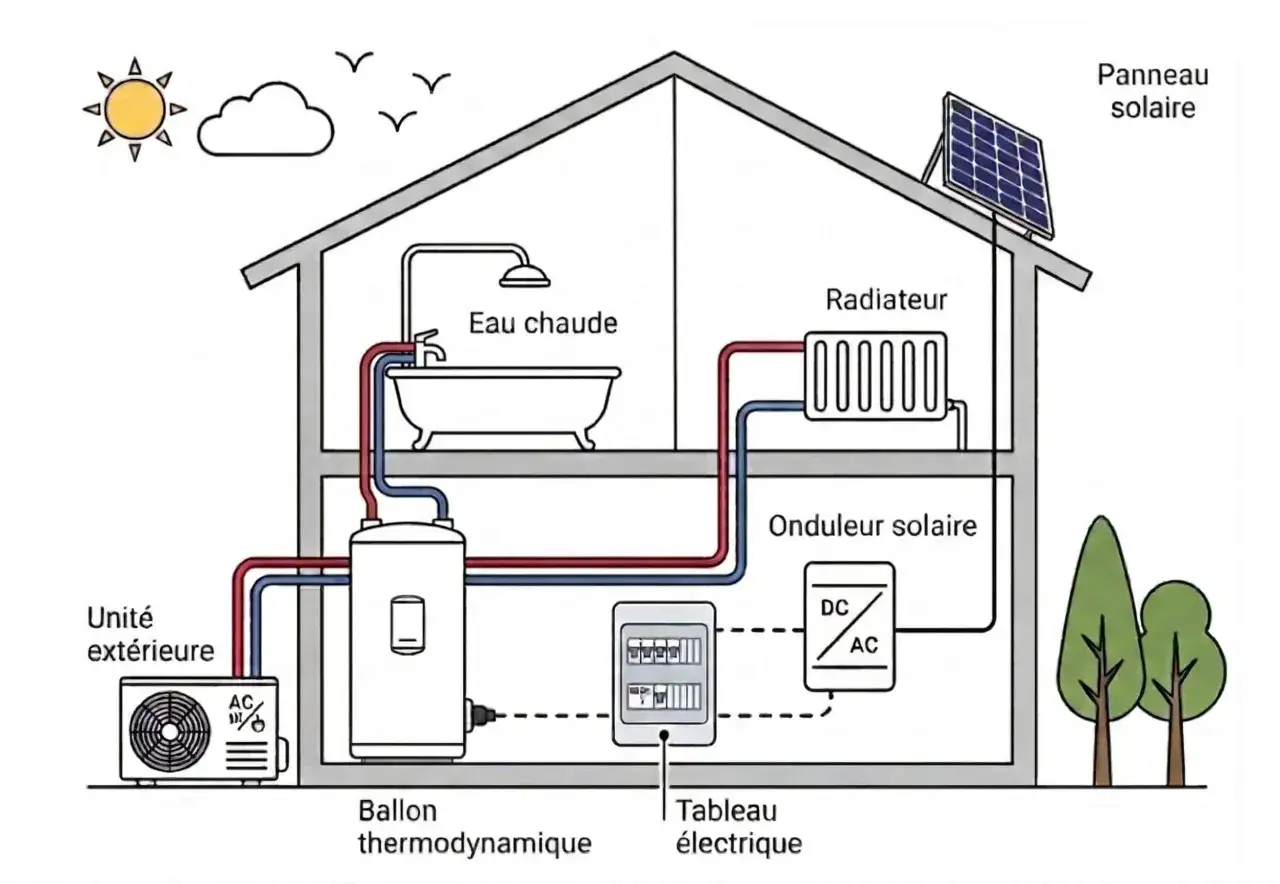 Sch&eacute;ma d'une maison avec ballon thermodynamique, radiateur, panneau solaire. Quelle capacit&eacute; chauffe-eau pour 2 personnes ? Ce syst&egrave;me assure l'eau chaude.