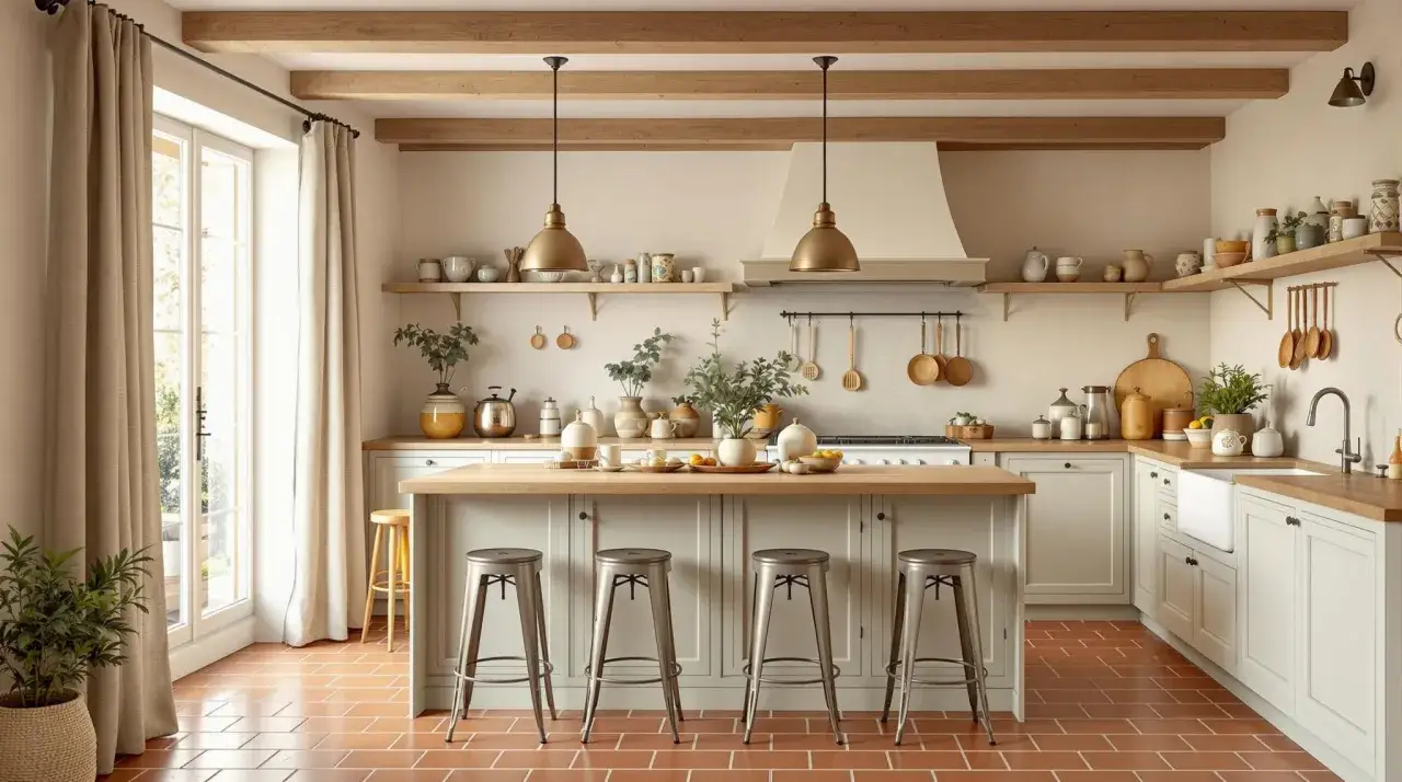 Cuisine chaleureuse avec sol en tomette rouge. Les tons crème des murs et des meubles s'associent parfaitement, créant une ambiance douce. Quelle couleur associer avec de la tomette rouge ? Le bois naturel et les touches dorées apportent chaleur et élé...