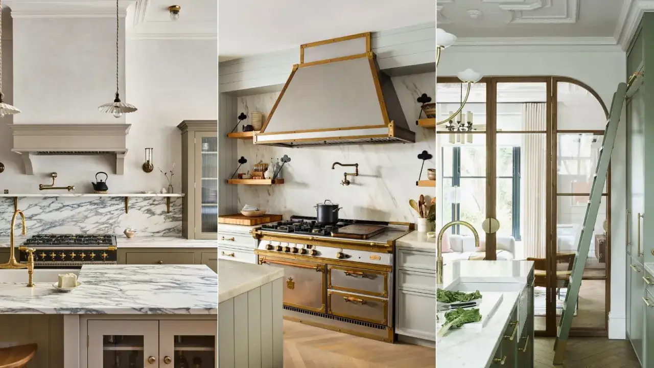 Trois cuisines élégantes : une avec un îlot en cuisine marbre blanc et bois, une autre avec une hotte imposante et des étagères en bois, et une troisième avec une verrière et un escalier.