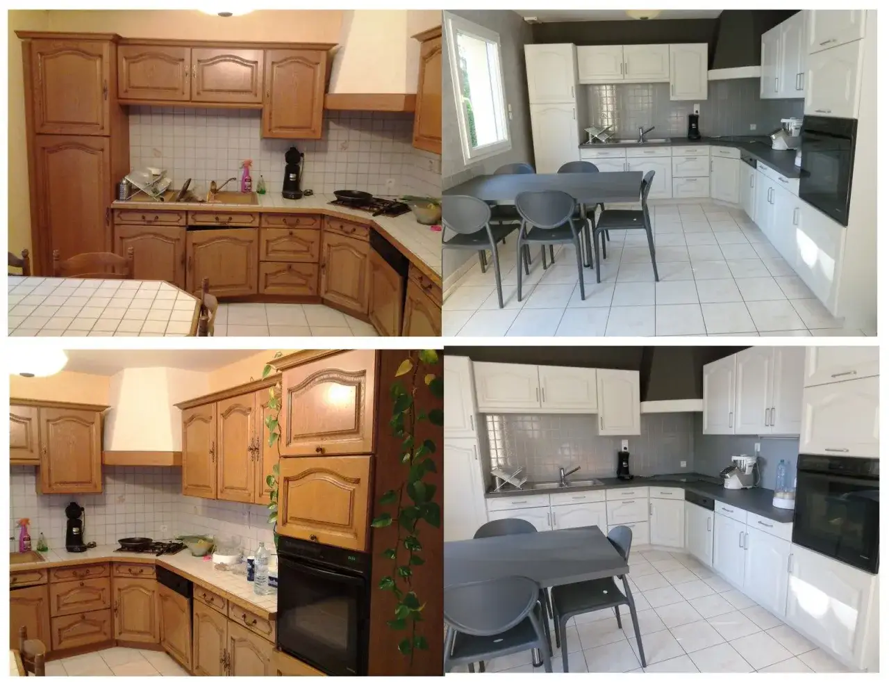 Cuisine avant : meubles en ch&ecirc;ne repeinte. Cuisine apr&egrave;s : meubles blancs, plus moderne.