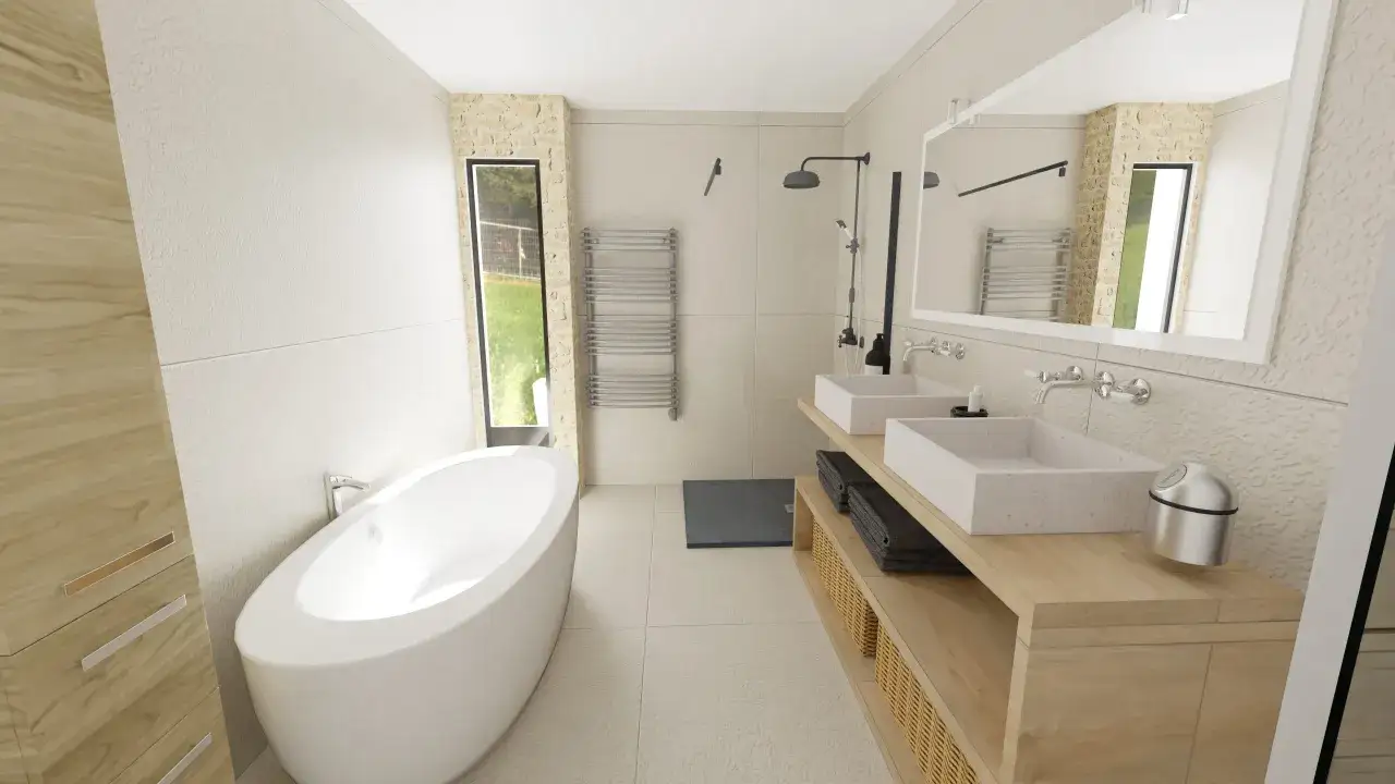 Plan salle de bain moderne avec baignoire îlot, double vasque, douche à l'italienne et rangements en bois clair.