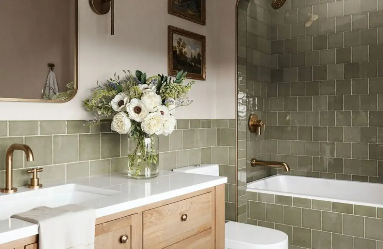 &Eacute;l&eacute;gante salle de bain verte et beige avec des carreaux textur&eacute;s, un lavabo en bois clair, un bouquet de fleurs et des accents dor&eacute;s.
