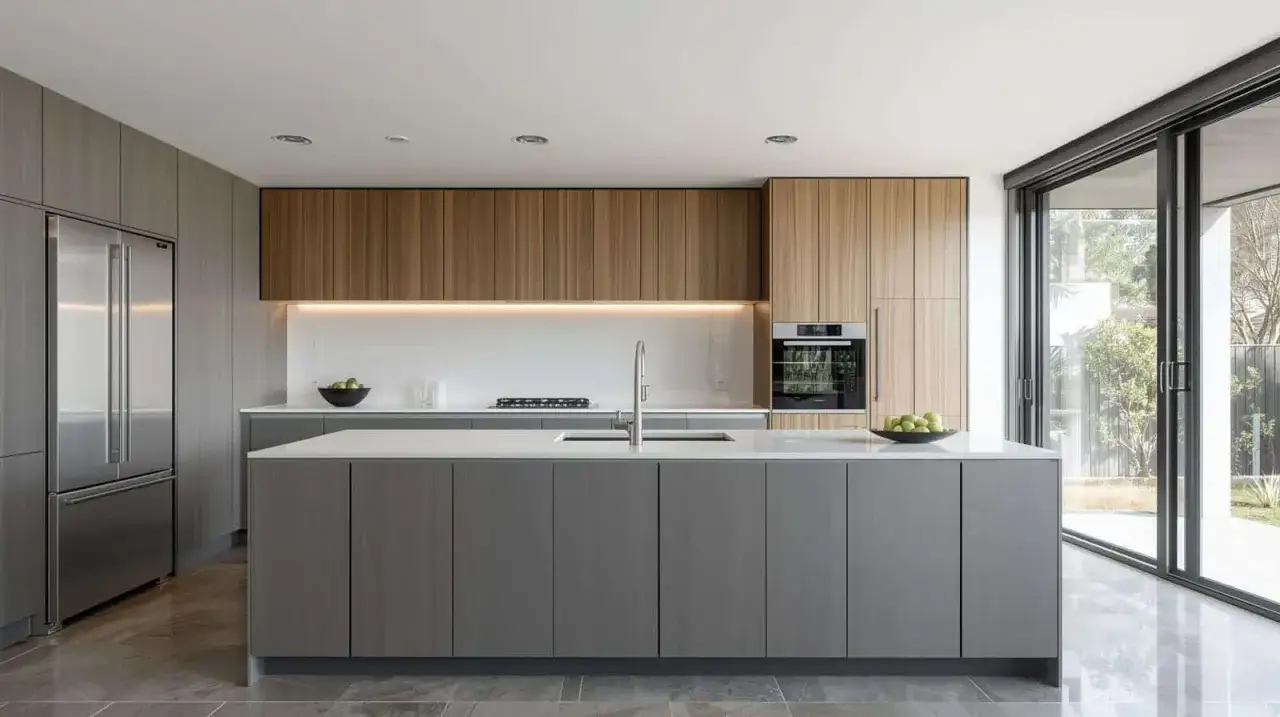 Un plan de cuisine moderne avec îlot central gris, armoires en bois, réfrigérateur en inox et grande baie vitrée donnant sur un jardin.