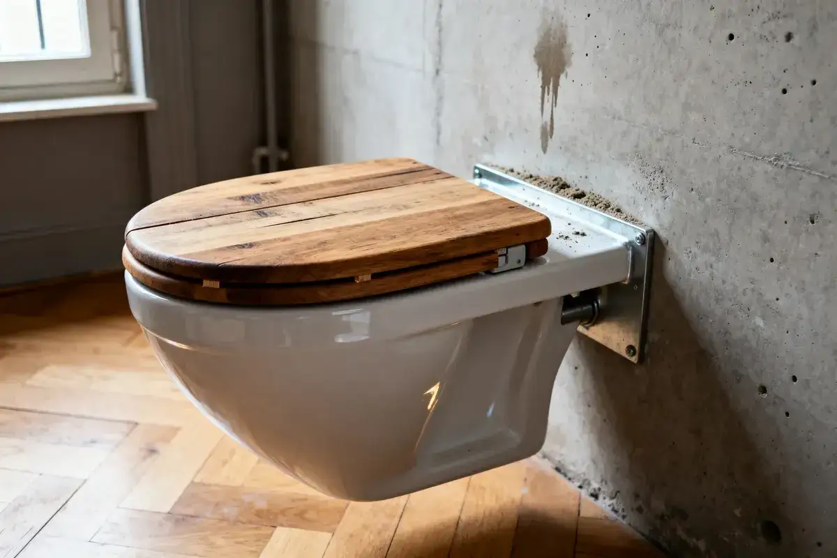 WC suspendu avec abattant en bois, la hauteur idéale pour un confort moderne.