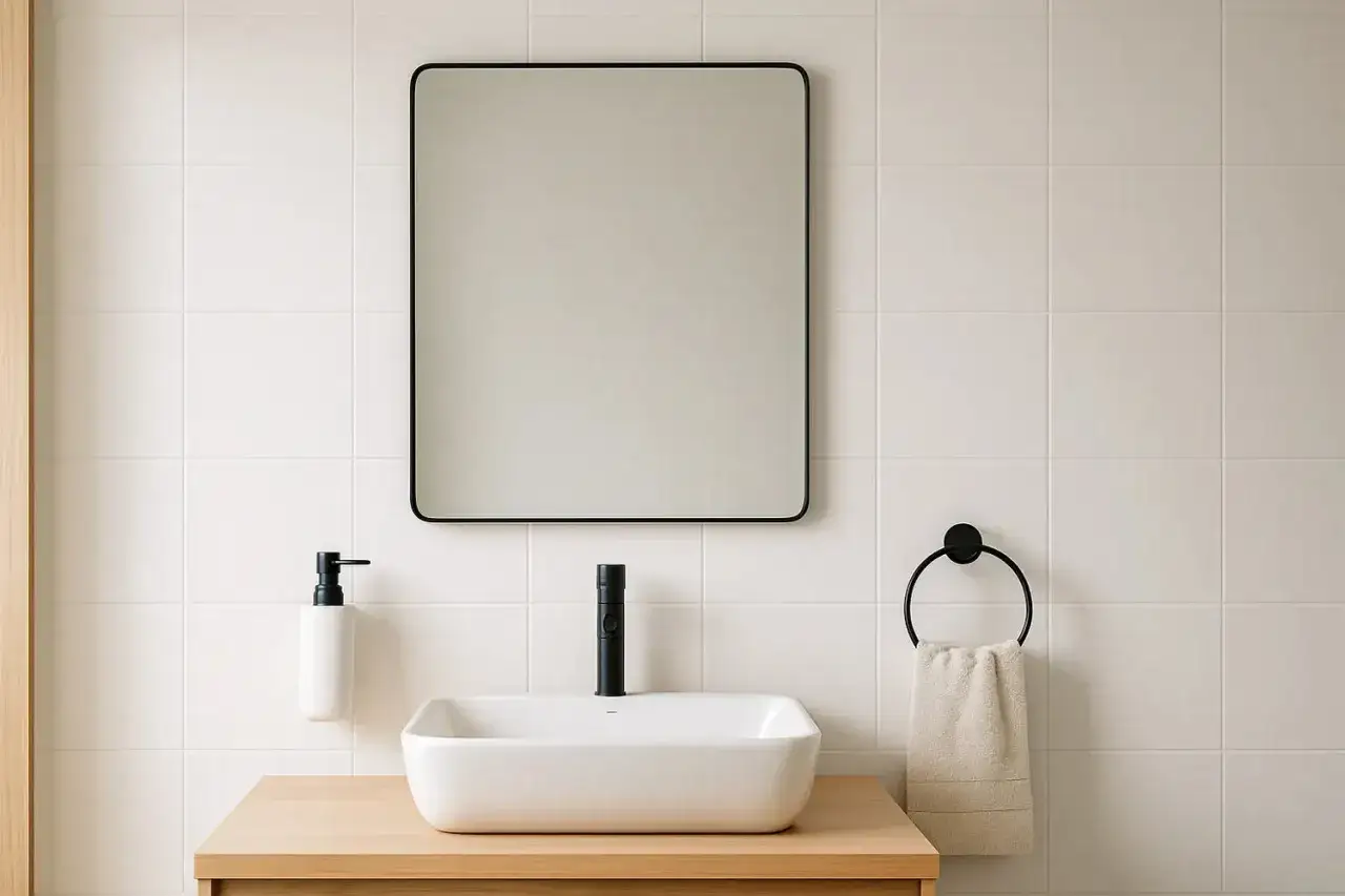 Un miroir de salle de bain à la hauteur parfaite, avec un lavabo moderne et un porte-serviettes élégant sur fond de carrelage blanc.