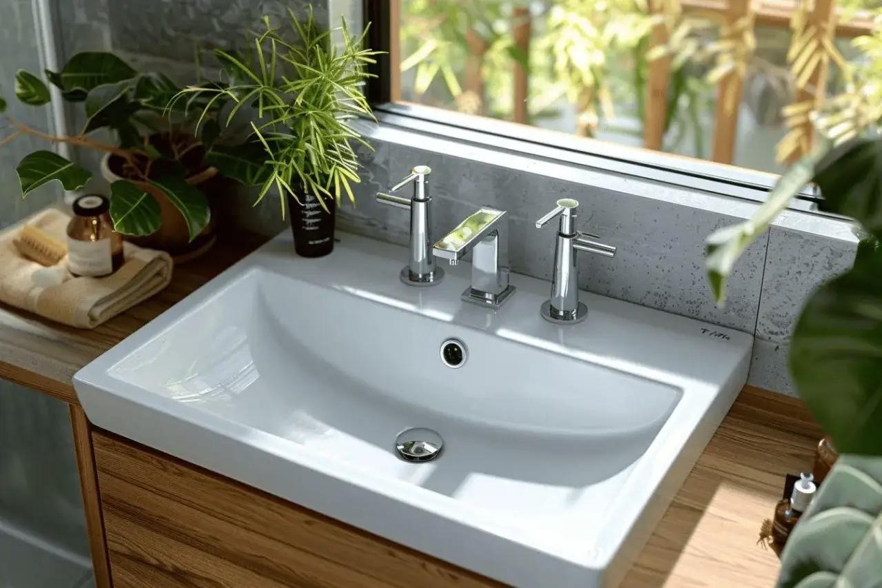 Un &eacute;l&eacute;gant lavabo &eacute;vier blanc avec robinetterie chrom&eacute;e, entour&eacute; de plantes vertes et d'une serviette pli&eacute;e.
