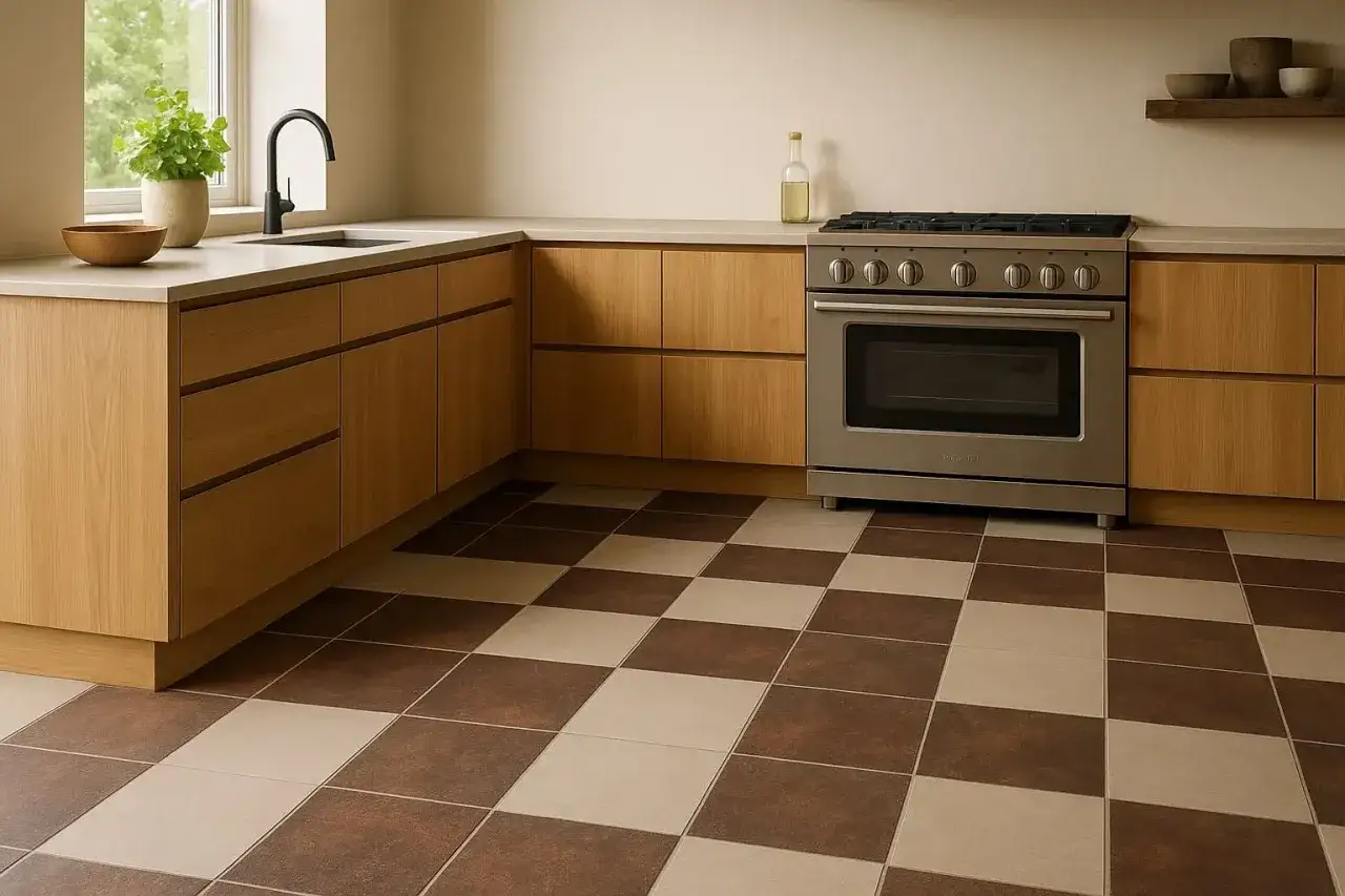Un sol de cuisine tendance à damier brun et beige, avec des armoires en bois clair et un four en acier inoxydable.