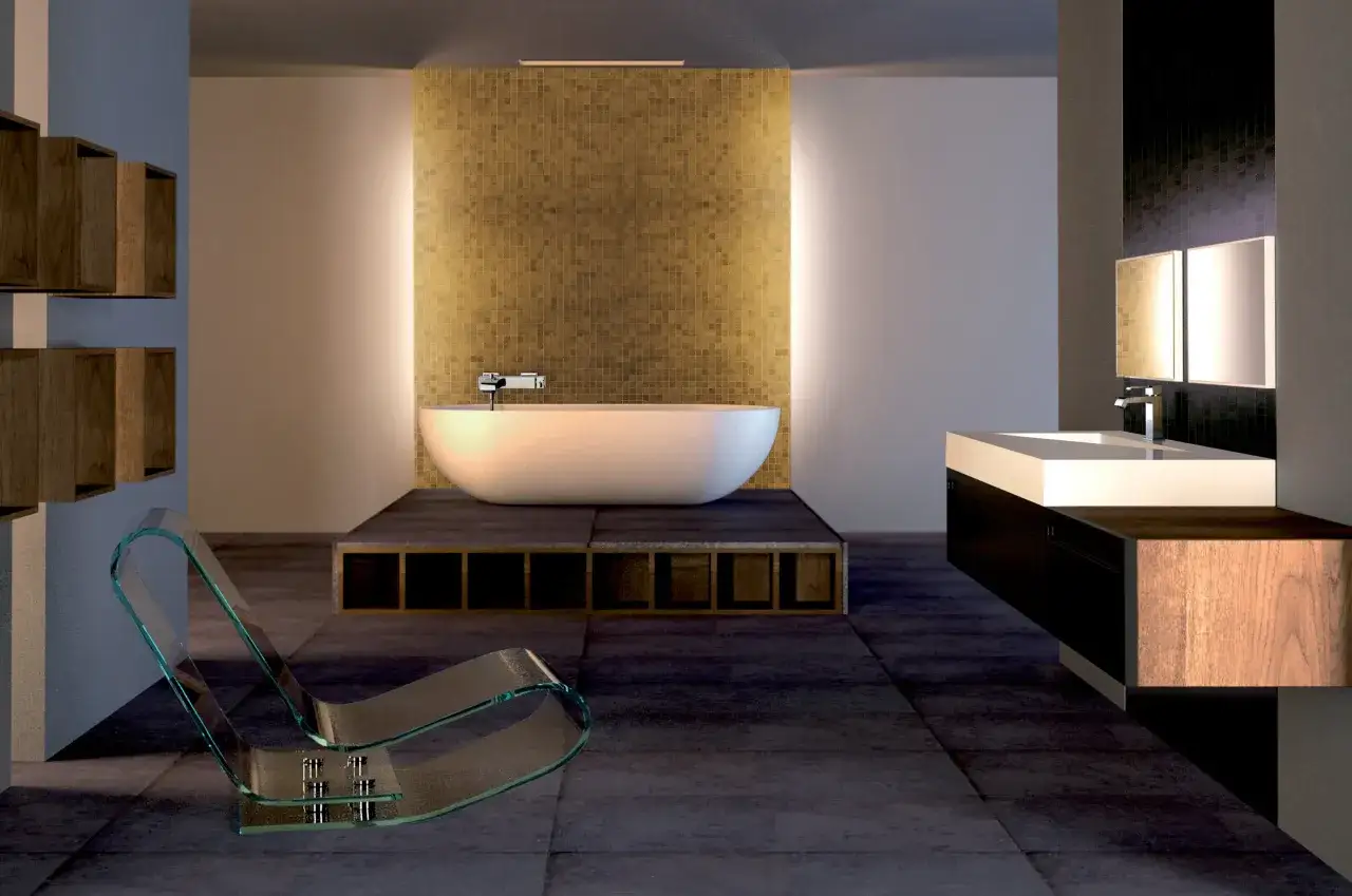 Une salle de bain moderne et chic avec baignoire surélevée, carrelage doré, lavabo suspendu et chaise design en verre.