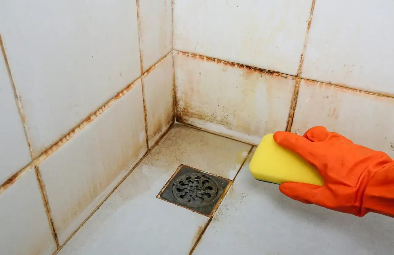 Main tenant nettoie un carrelage rugueux et taché dans une douche avec une éponge jaune.