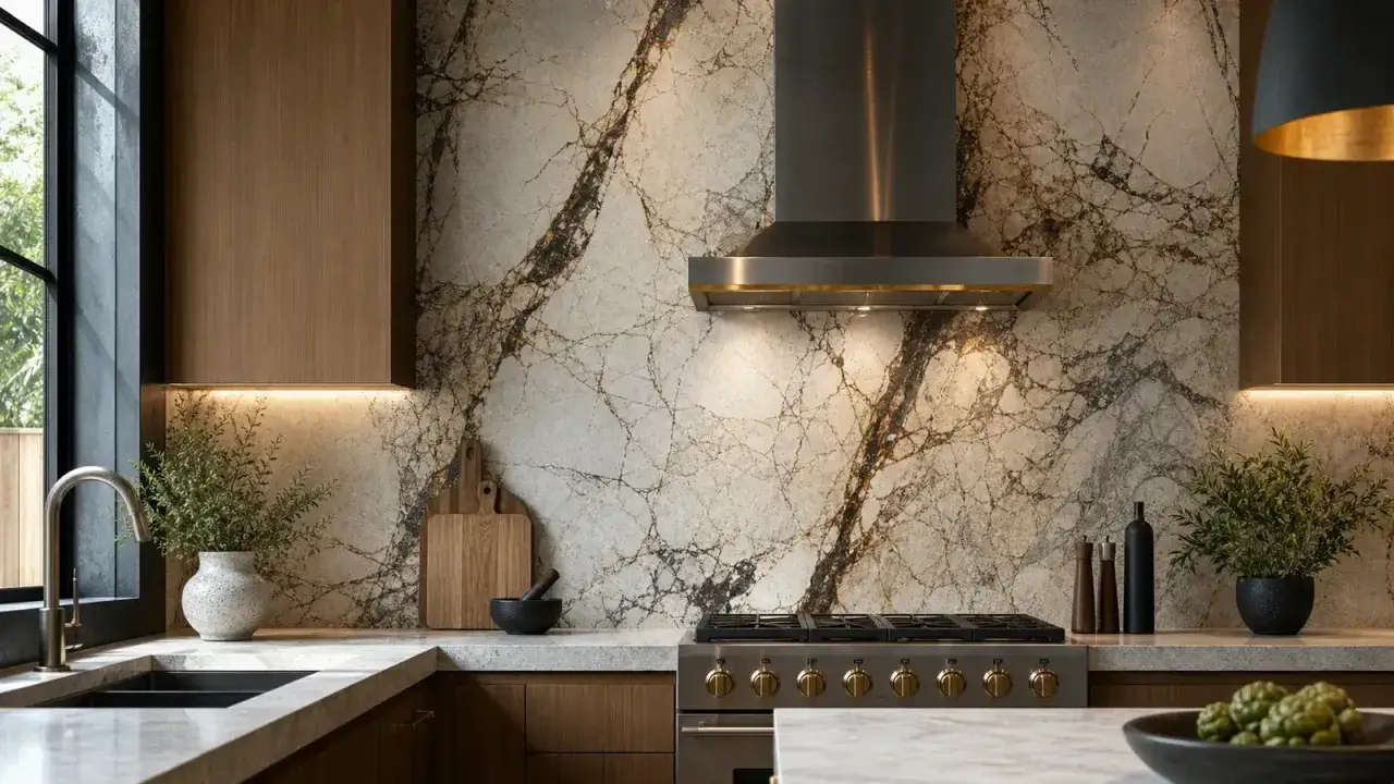 Un plan de cuisine moderne avec un mur spectaculaire en marbre veiné, des armoires en bois chaleureux et un îlot central élégant.