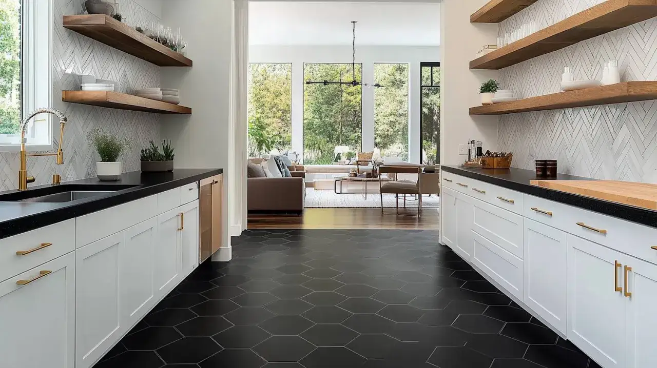 Sol moderne avec carrelage hexagonal noir contrastant avec le parquet chaleureux du salon. Cuisine &eacute;pur&eacute;e avec &eacute;tag&egrave;res en bois.