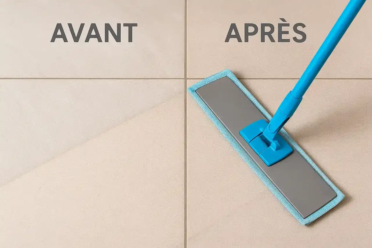 Avant/Après : un balai bleu nettoie un carrelage beige terne pour lui redonner son éclat. Découvrez comment faire briller un carrelage !
