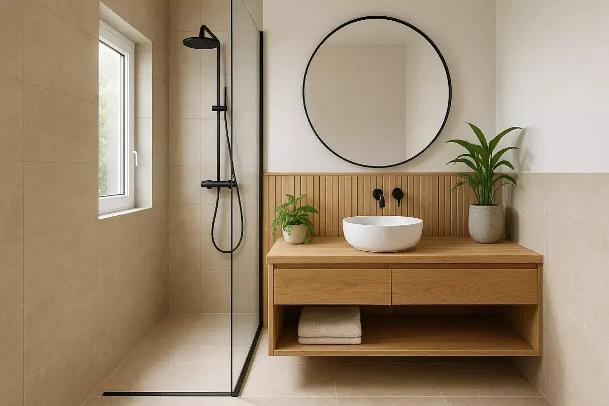 Élégante petite salle de bain 3m2 avec douche à l'italienne, meuble vasque en bois clair, miroir rond et plantes vertes.