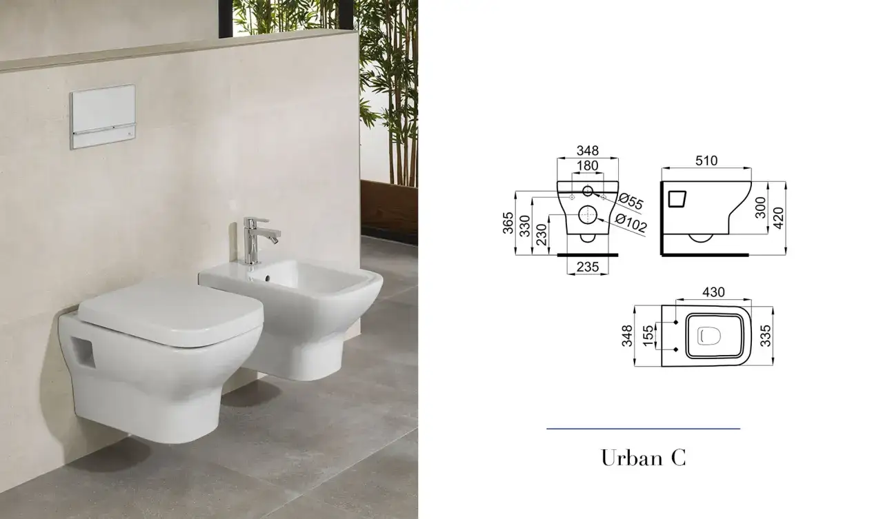 Vue d'un WC suspendu et d'un bidet, avec un schéma technique indiquant les dimension wc.