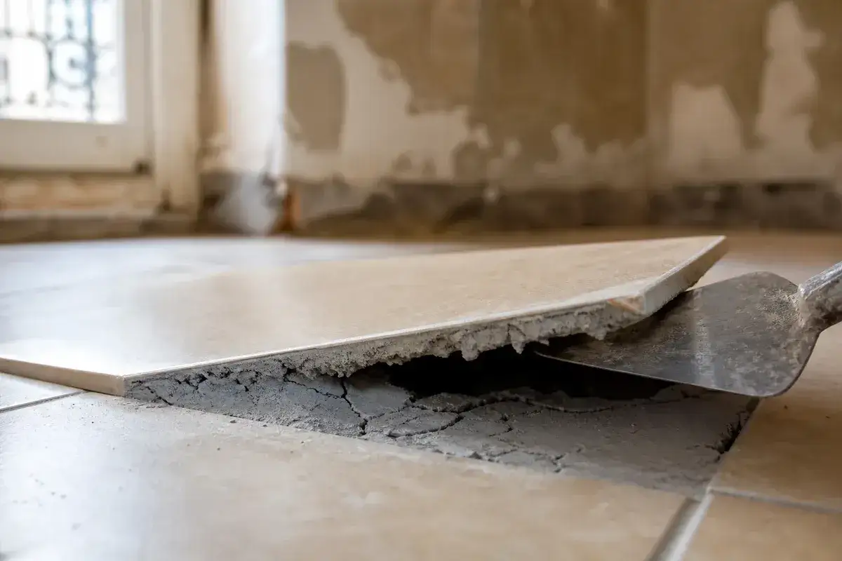 Une spatule soulève un carrelage qui sonne creux, révélant un espace vide sous le mortier craquelé.