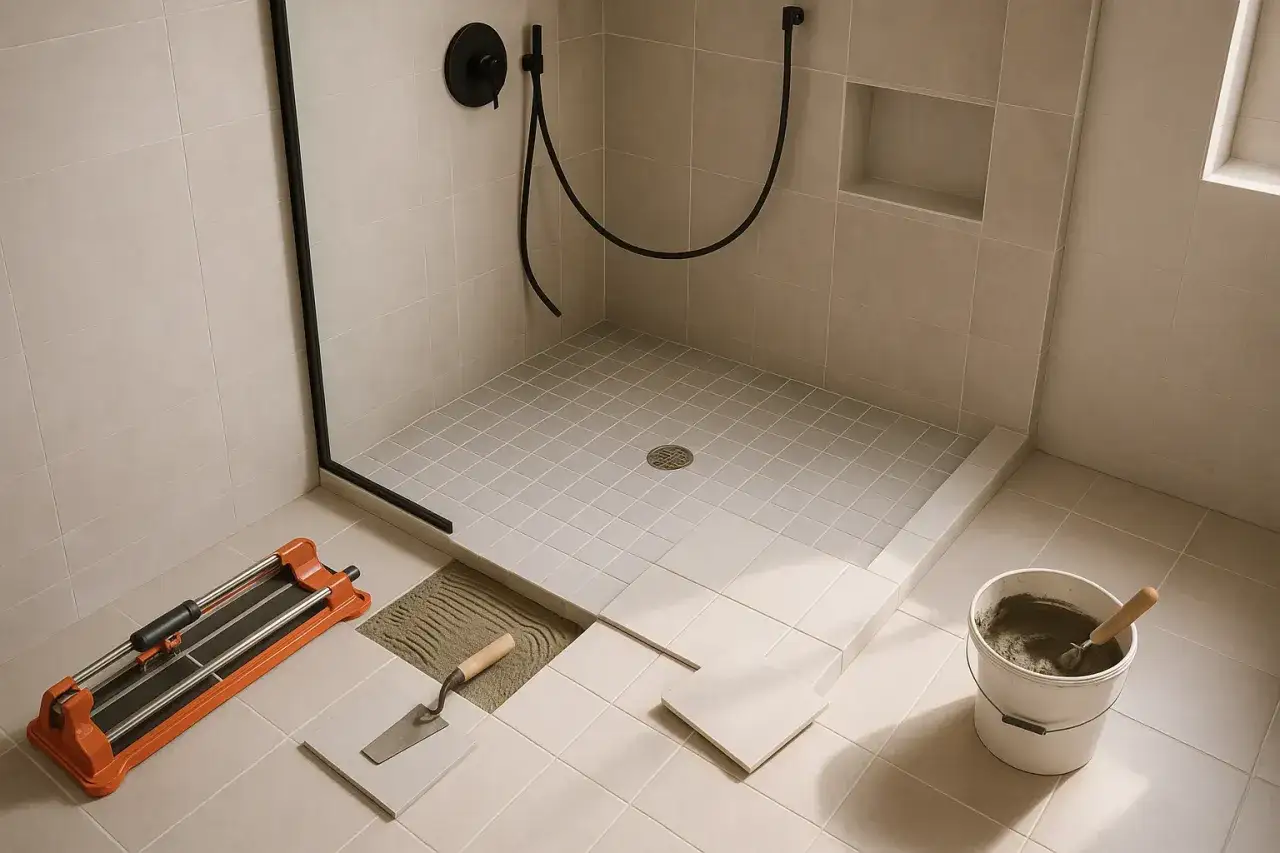 Pose de rev&ecirc;tement sol douche italienne : carreaux, colle, coupe-carreau et seau de mortier pr&ecirc;ts pour le chantier.