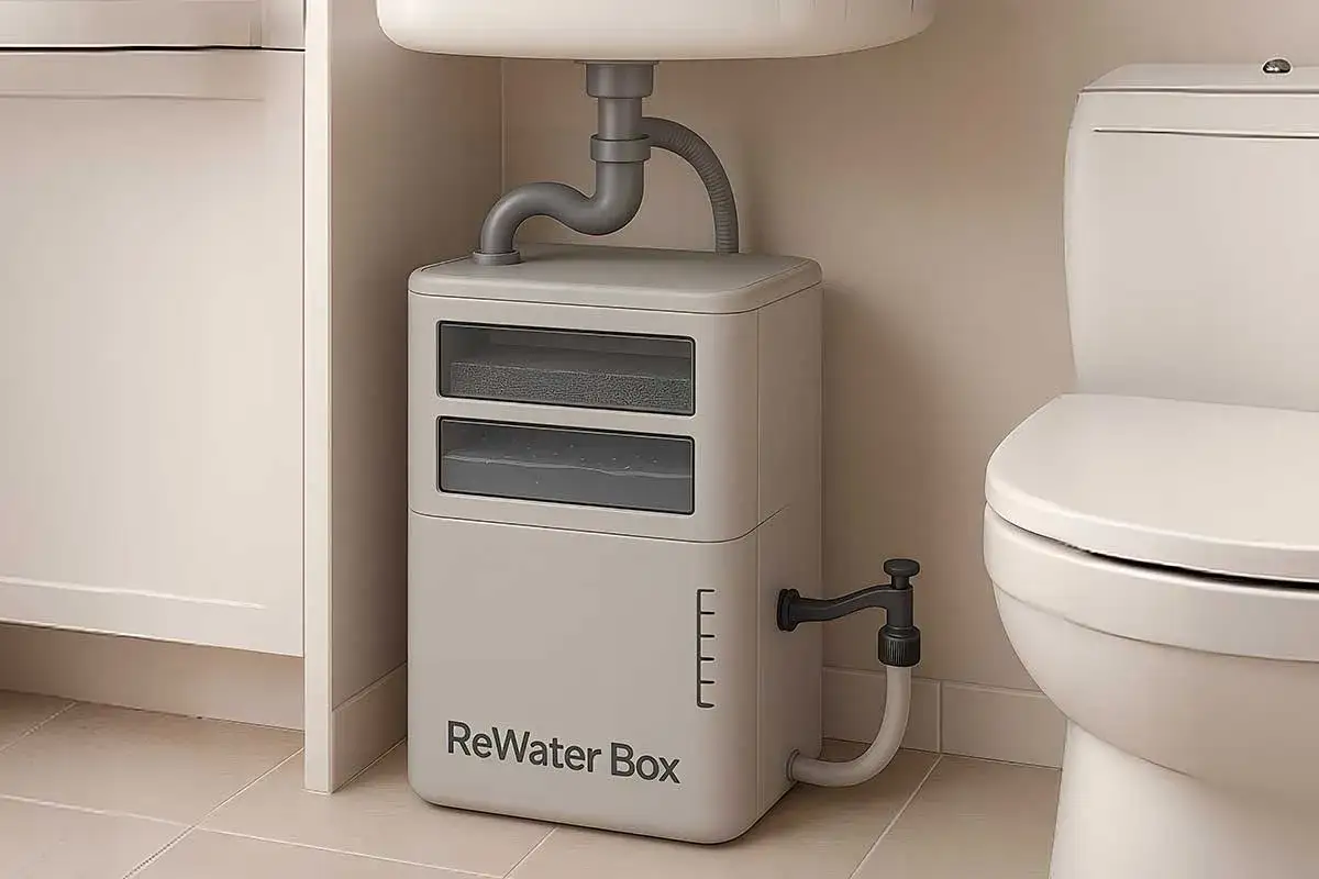 Syst&egrave;me ReWater Box pour le recyclage de l'eau de douche. L'eau us&eacute;e est collect&eacute;e, filtr&eacute;e et r&eacute;utilis&eacute;e pour les toilettes, une solution &eacute;cologique.