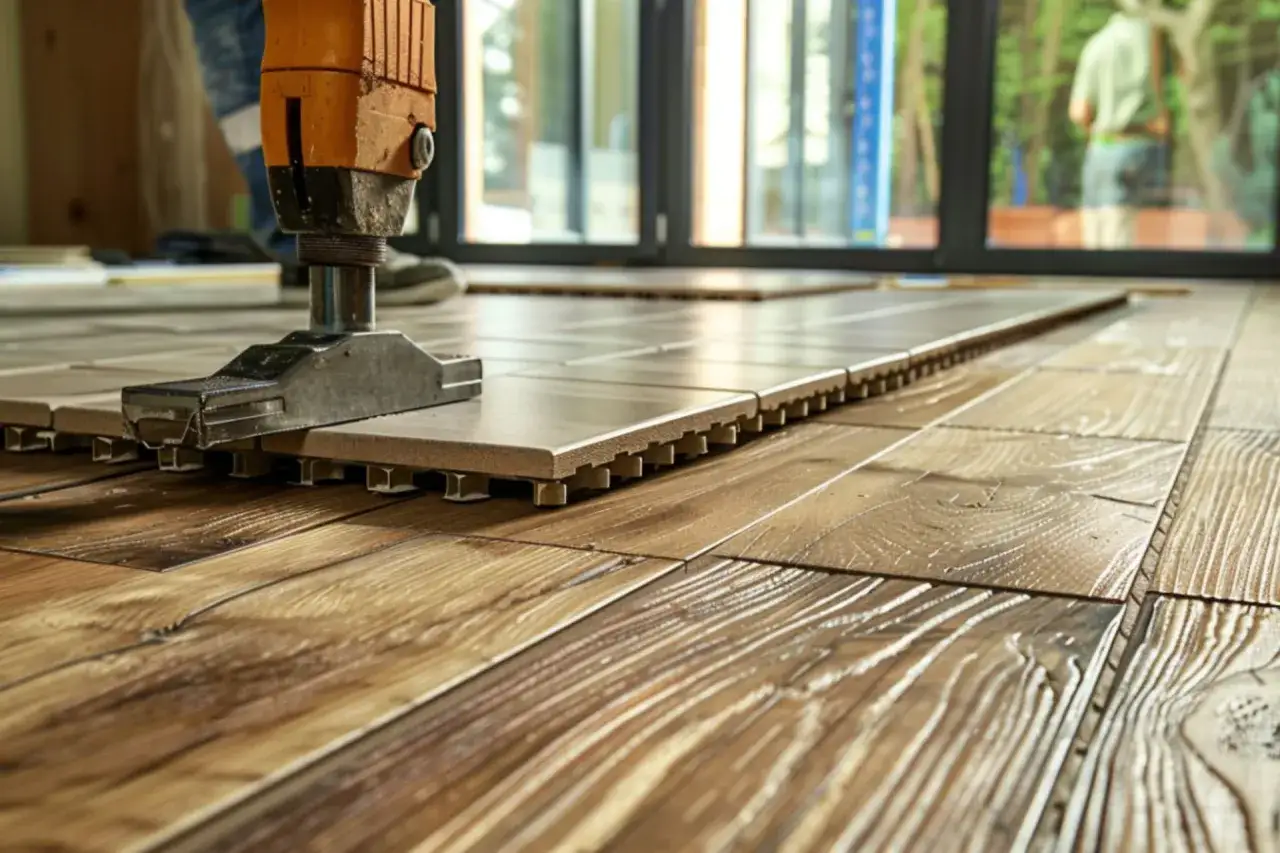 Pose d'une sous couche carrelage avec un outil, sur un sol imitation bois.