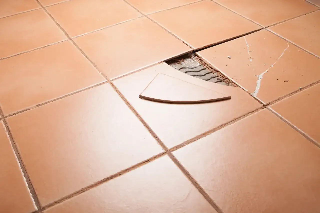 Un éclat de carrelage orange est visible, avec un morceau détaché. Une image pour savoir comment réparer un éclat de carrelage.