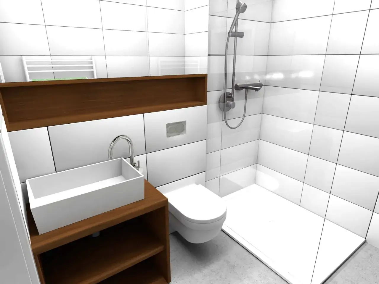 Plan salle de bain 4m2 avec wc suspendu, douche &agrave; l'italienne, vasque rectangulaire sur meuble bois.