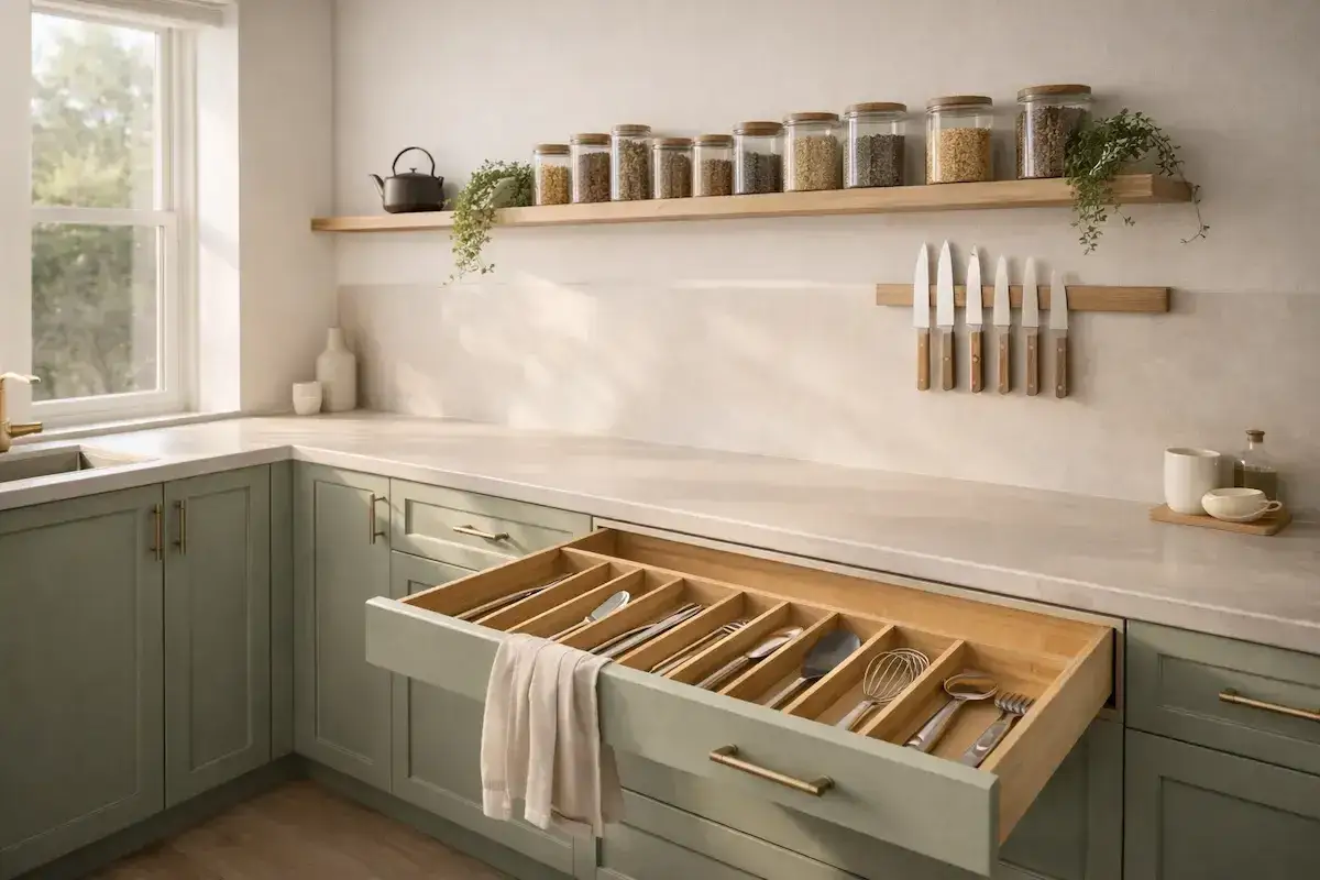 Tiroir de cuisine ouvert avec un organisateur de couverts en bois. Un plan de travail bien rangé pour une cuisine fonctionnelle.