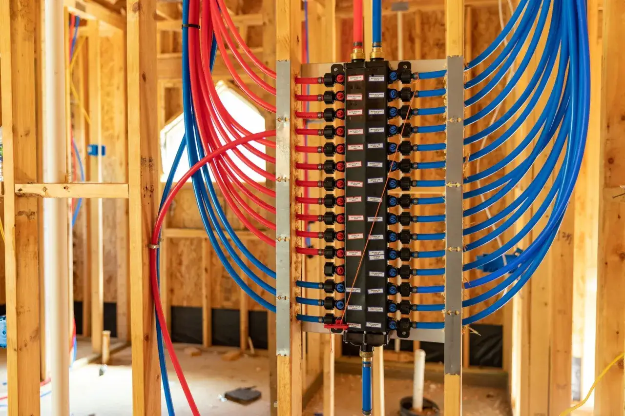 Syst&egrave;me de nourrice plomberie dans une maison en construction. Tuyaux rouges et bleus connect&eacute;s &agrave; un distributeur central.