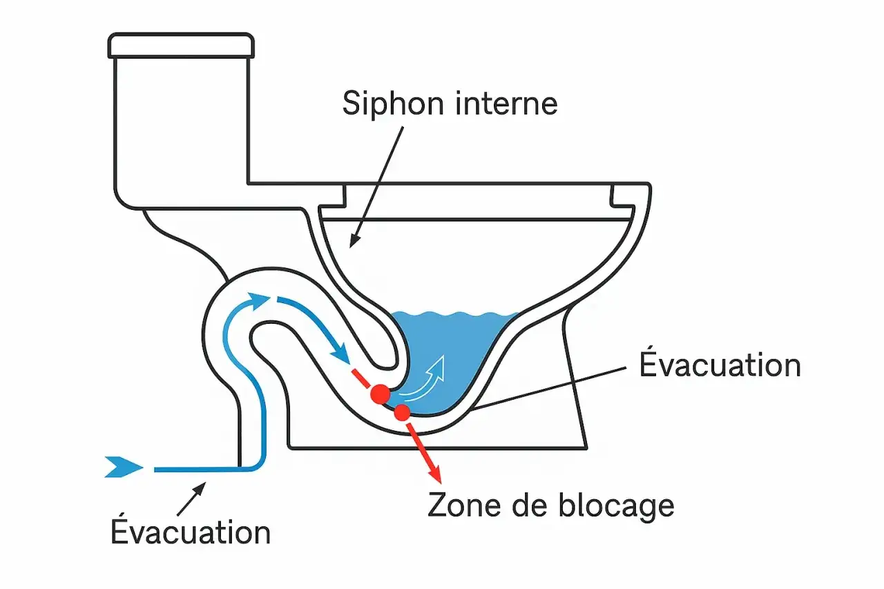 Sch&eacute;ma d'un siphon de toilette bloqu&eacute;, indiquant la 