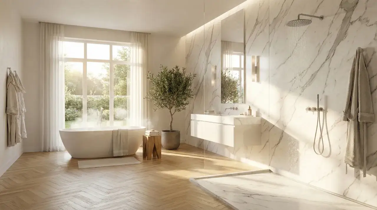Élégante salle de bain marbre et parquet, baignoire îlot, douche à l'italienne, lavabo suspendu et un olivier.