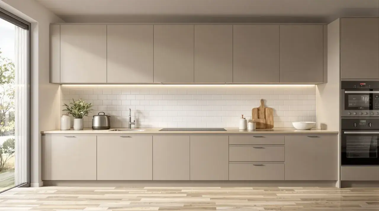 Une cuisine moderne aux fa&ccedil;ades taupe &eacute;pur&eacute;es, avec un plan de travail en bois clair, un &eacute;vier, une plaque de cuisson et des appareils int&eacute;gr&eacute;s.
