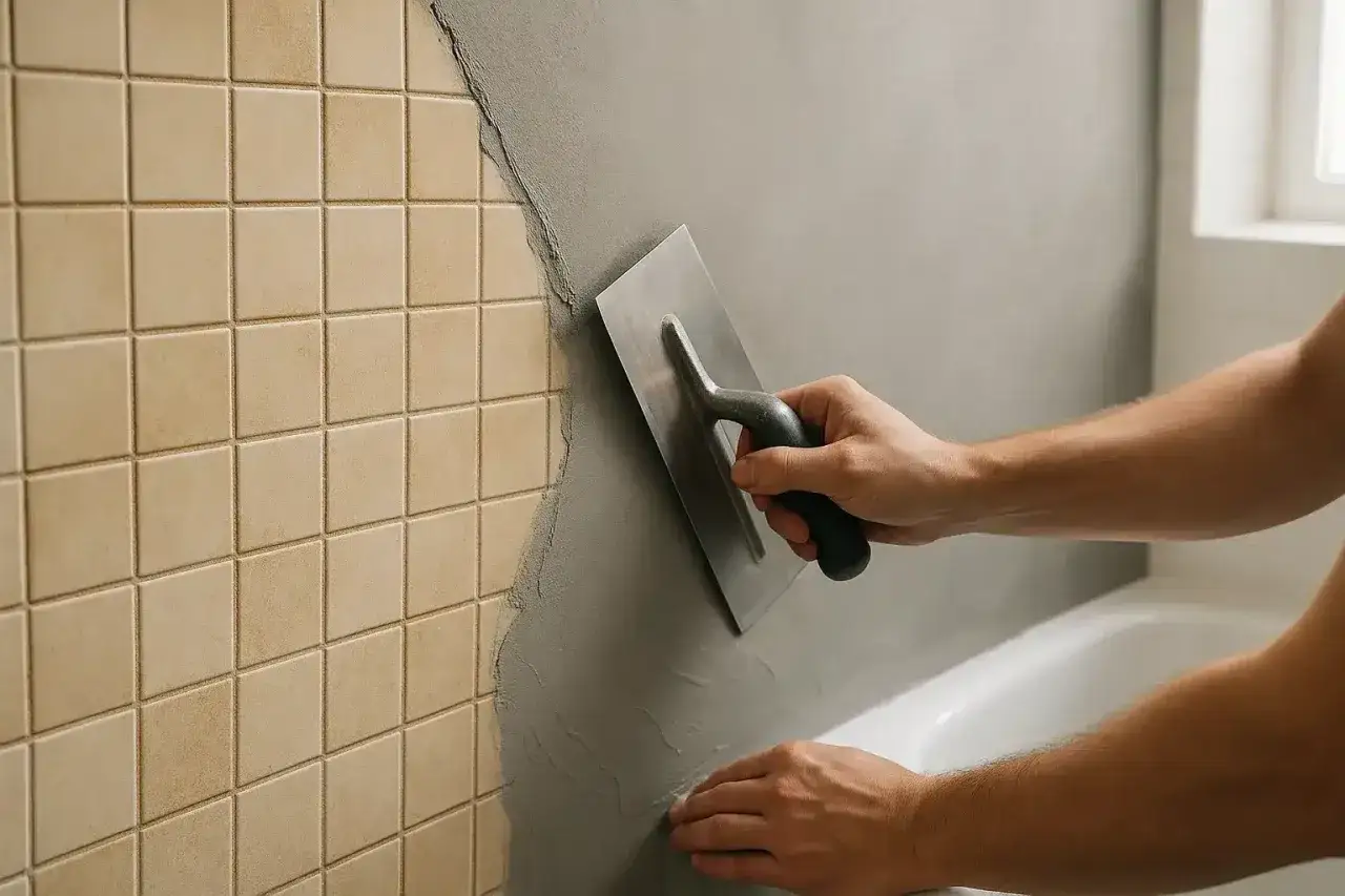 Application d'enduit pour recouvrir le carrelage de la salle de bain. Un artisan lisse le mur avec une truelle.