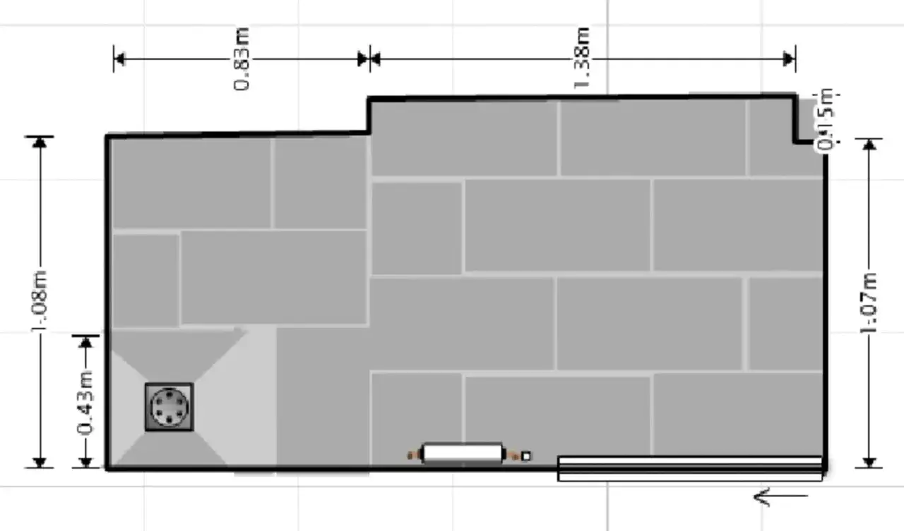 Plan de salle de bain avec carrelage gris. Aide au calcul carrelage mural salle de bain. Dimensions indiquées.
