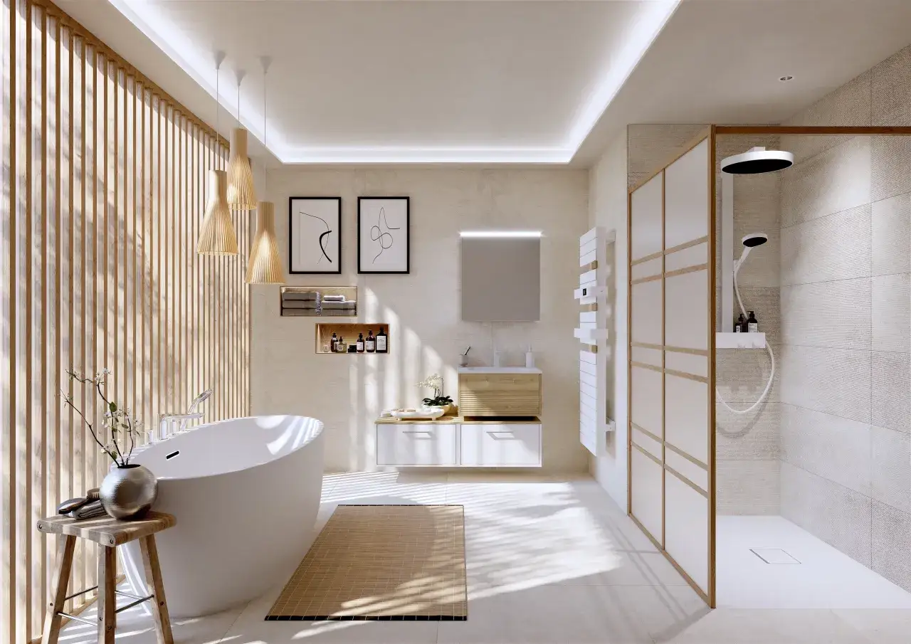 Élégante salle de bain japandi avec baignoire îlot, douche à l'italienne et murs en bois.