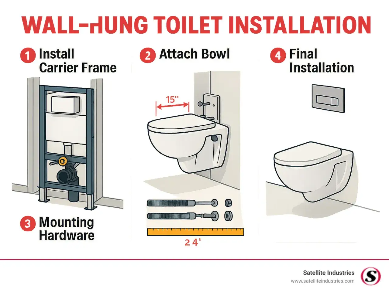 Étapes pour une installation WC suspendu : cadre, cuvette, quincaillerie, puis finition.