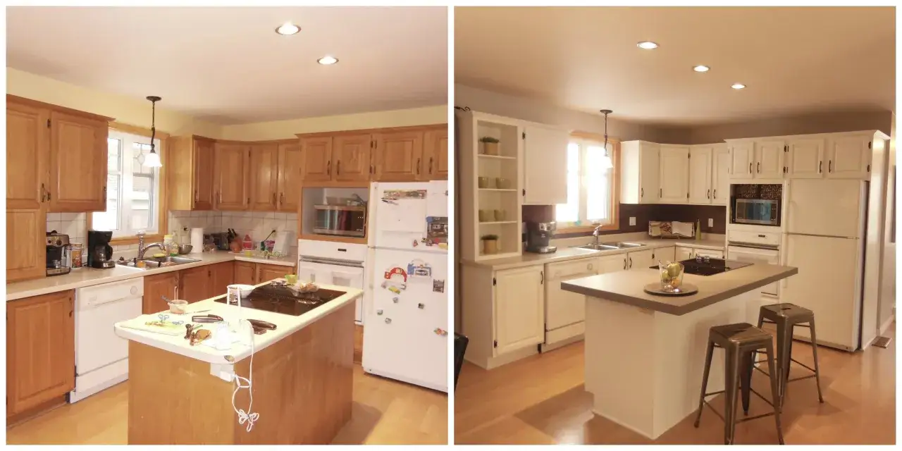 Avant/après d'une cuisine : avant, armoires en bois brut ; après, armoires blanches peintes pour un home staging cuisine moderne et lumineux.