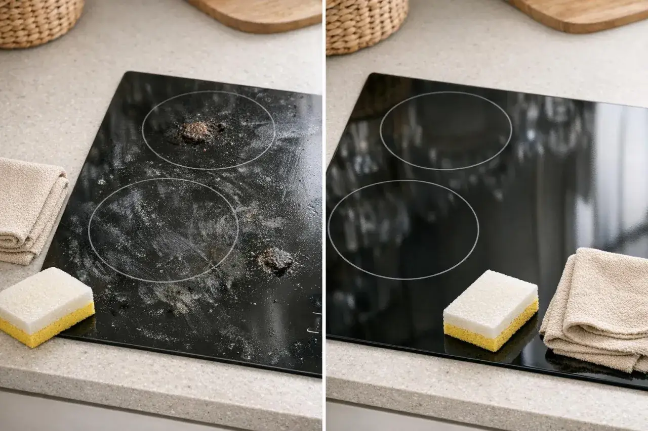 Avant/après : nettoyage plaque induction cramée. Une éponge et un chiffon pour un résultat impeccable.