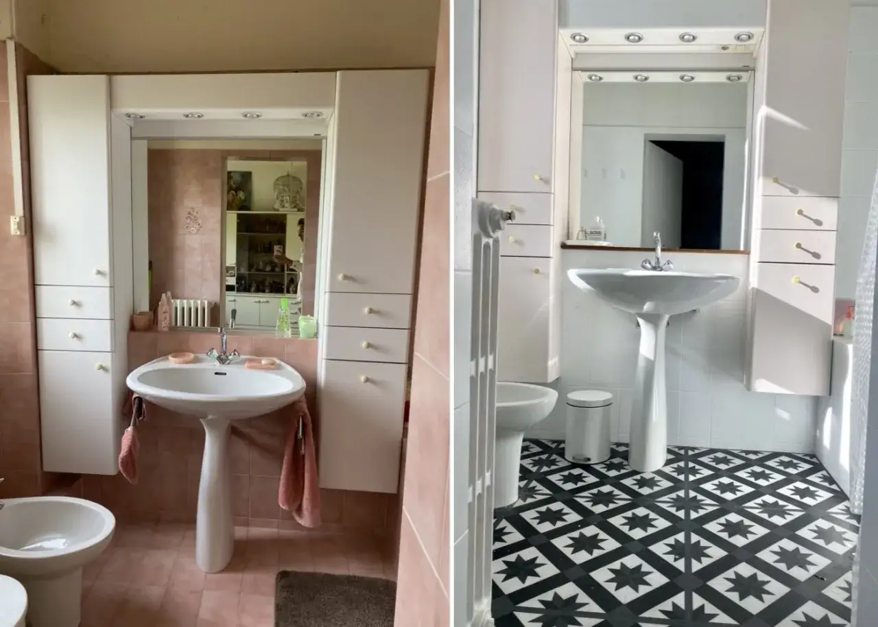 Avant/après d'une salle de bain : la rénovation du carrelage rose terne a laissé place à un sol graphique noir et blanc moderne.