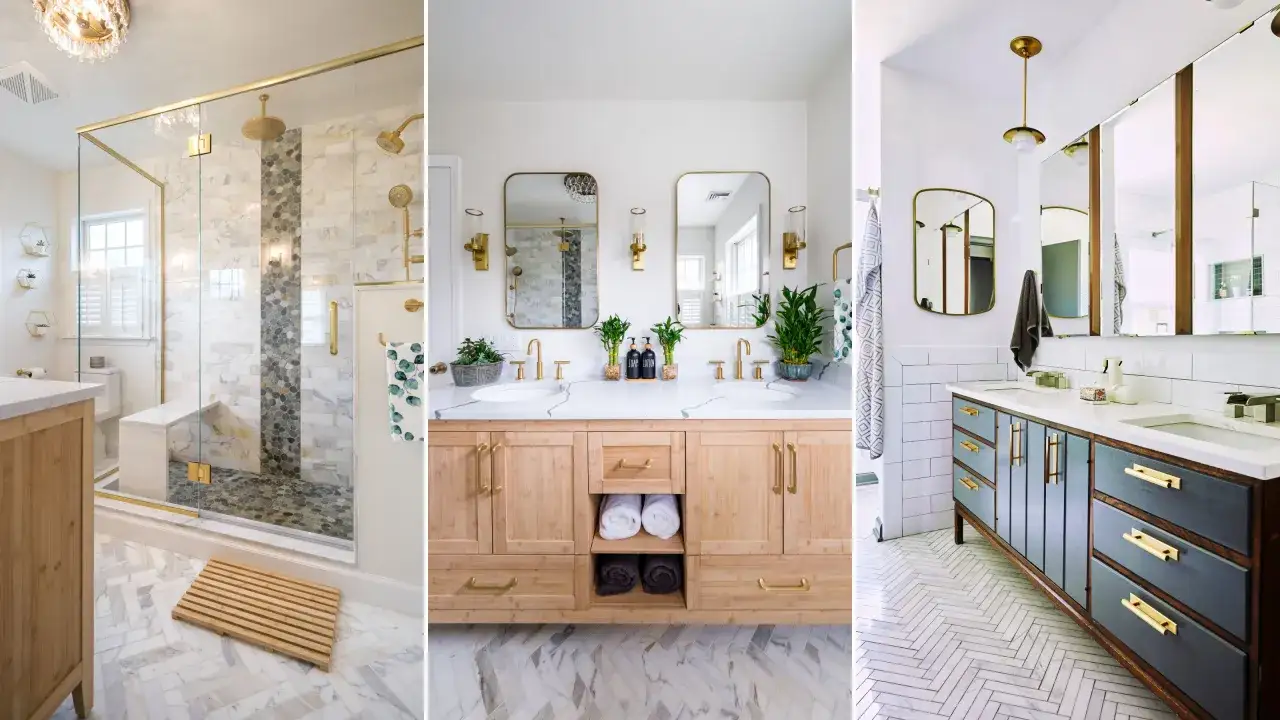 Trois salles de bain luxueuses avec des sols en marbre. Une avec une douche en verre, une autre avec une double vasque en bois, et la troisi&egrave;me avec une vanit&eacute; grise.