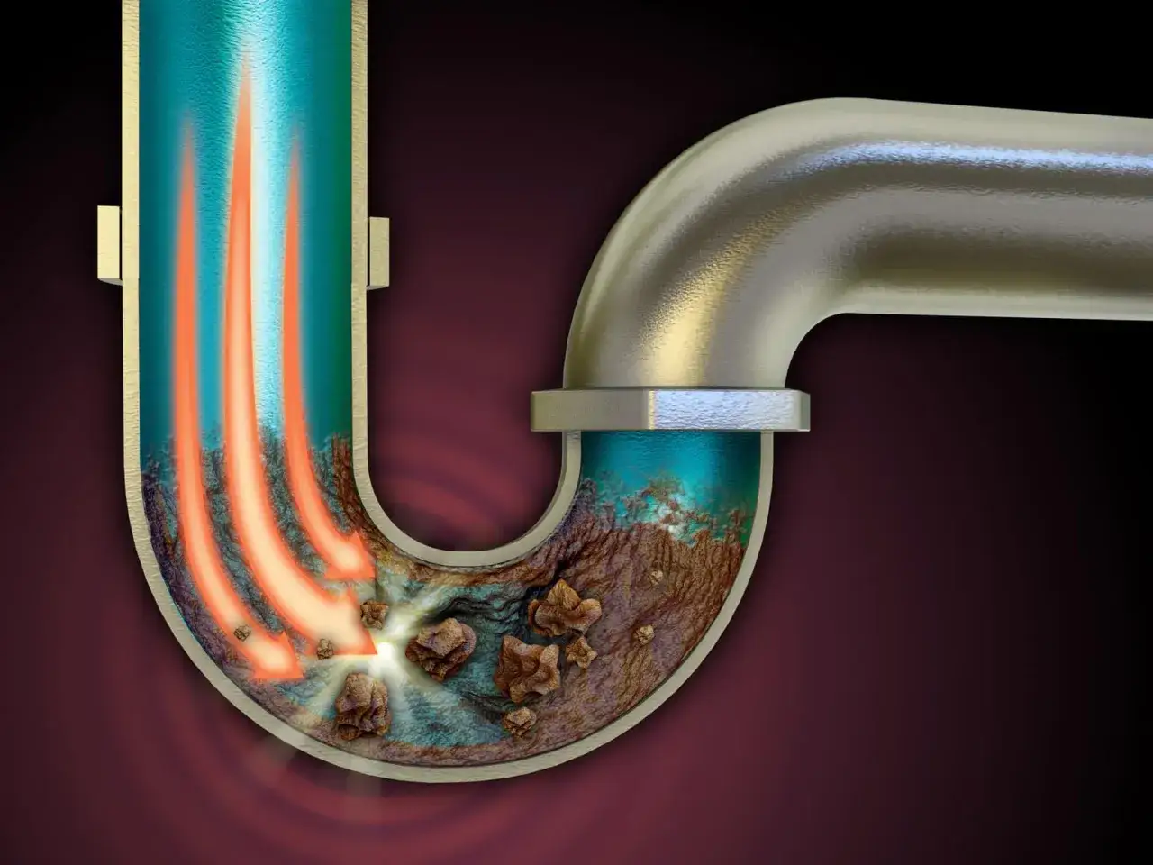 Blocage dans un siphon de canalisation, causant une mauvaise odeur. Des d&eacute;bris s'accumulent, entravant le passage de l'eau.