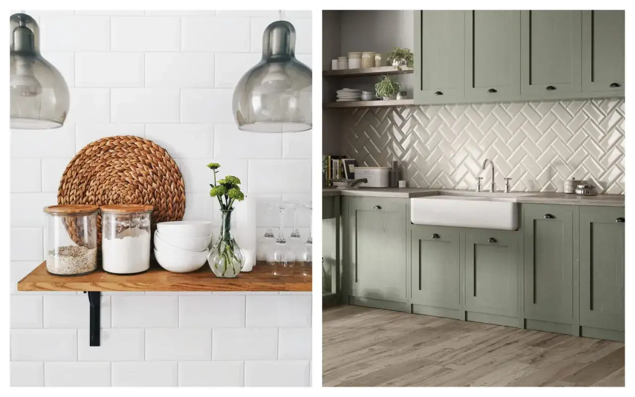 Cuisines modernes avec pose carrelage métro blanc et vert sauge. Éclairage doux, vaisselle et éléments décoratifs.