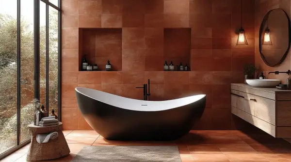 Élégante salle de bain tomette avec baignoire noire, lavabo en bois et grande fenêtre donnant sur la nature.