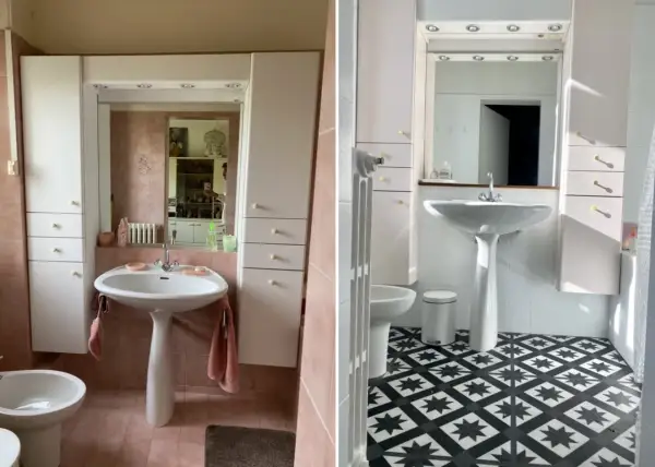 Avant/après d'une salle de bain : le sol rose a été remplacé par un carrelage géométrique noir et blanc, transformant l'espace.
