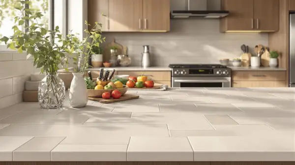 Plan de travail de cuisine avec pose de carrelage mural. Fruits et plantes vertes décorent le plan de travail.
