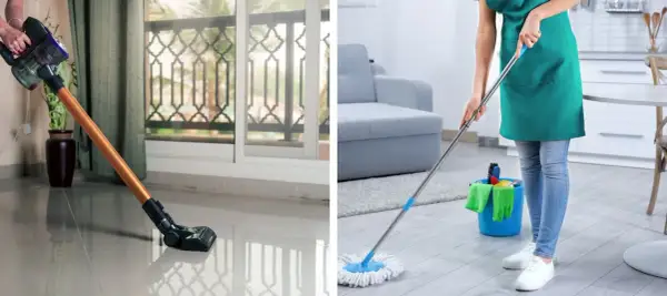 Aspirateur sur un carrelage rugueux, puis une personne lavant le sol avec une serpillère.