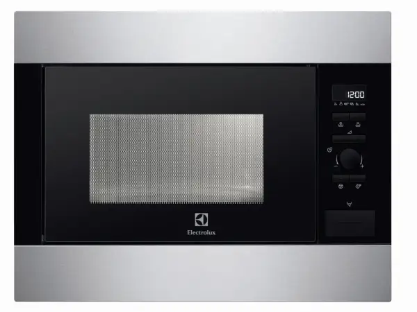 Un élégant **dimension micro onde encastrable** en inox et noir, avec écran digital et commandes tactiles.